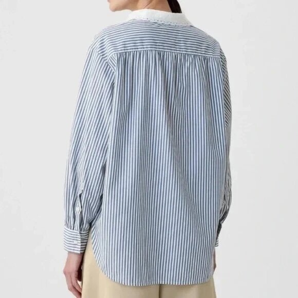 Gap X DOEN Eyelet Lace Collar Button Down Big Shirt Blue Stripe 100% Cotton L - Picture 3 of 11
